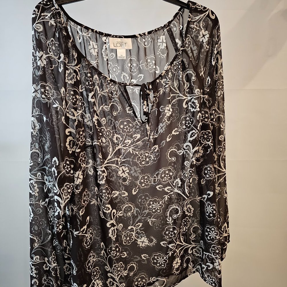 Ann Taylor Loft Sheer Brown and White Floral Blouse, size 14